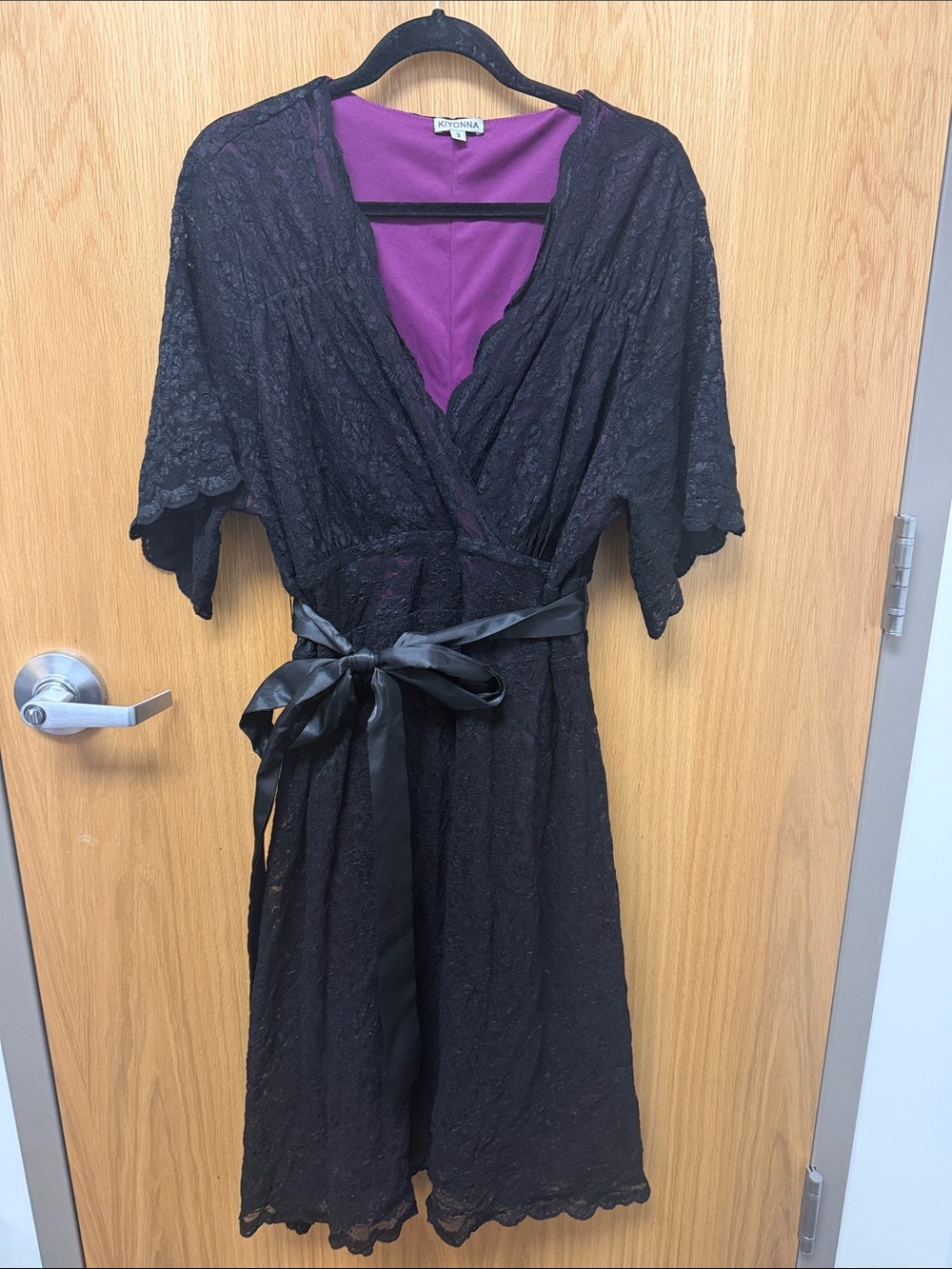 Kiyonna Plus Size 3X Black Romantic Lace Midi Dress with Royal Purple Lining
